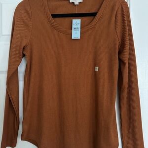 LOFT Women's Long Sleeve Ribbed Tan Top